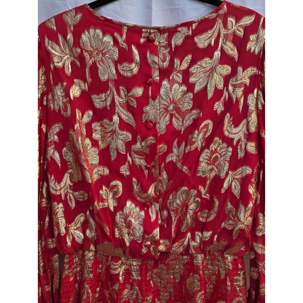 Vintage Raul Blanco Red Gold Metallic Floral Pleated Maxi Dress Evening Gown 12 - Picture 4 of 7